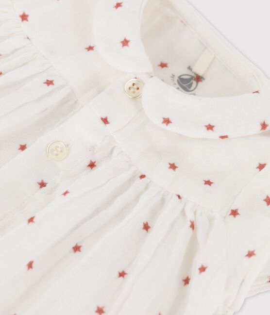 Babies' Organic Cotton Gauze Short-Sleeved Dress MARSHMALLOW white/OMBRIE red