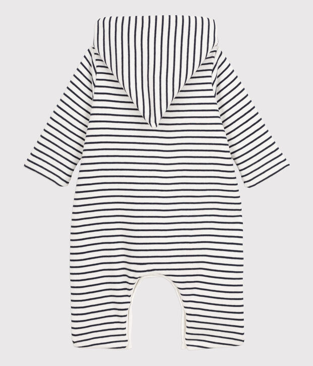 Babies' Hooded Sailor Striped Cotton Jumpsuit white/blue