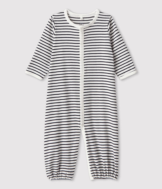 Babies' Stripy Organic Cotton Jumpsuit/Sleeping Bag MARSHMALLOW white/SMOKING blue
