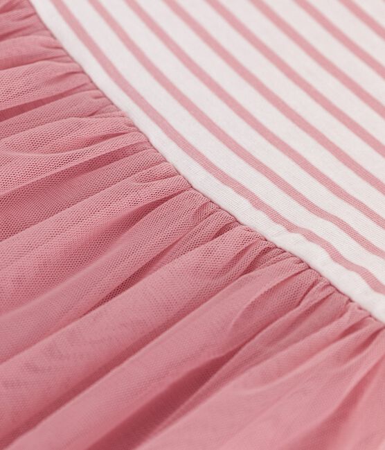 Children's short-sleeved cotton and tulle dress MARSHMALLOW white/CHARME pink