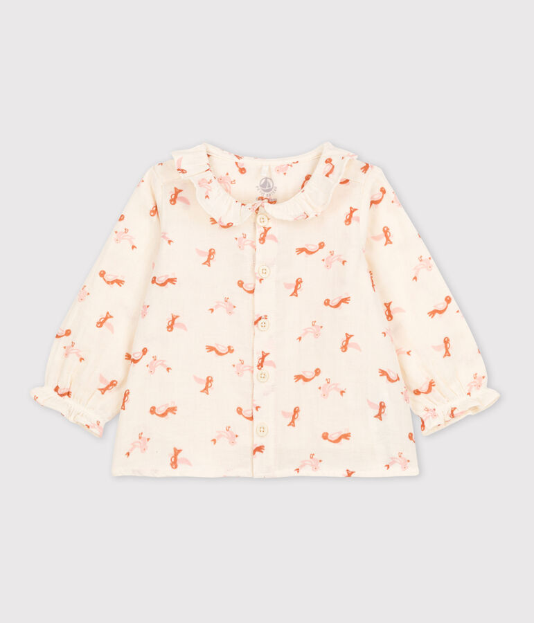 Babies' Bird Patterned Cotton Gauze Blouse Ecru/multicolor