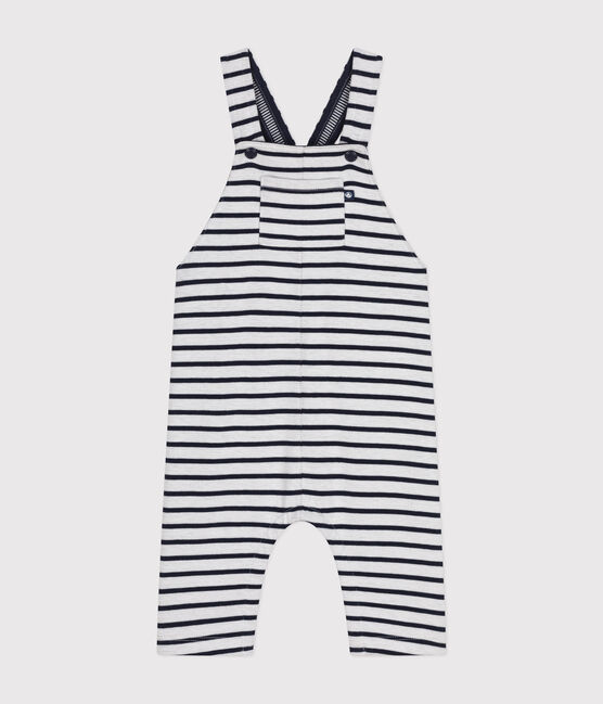 Babies' Thick Stripy Jersey Long Dungarees MARSHMALLOW white/SMOKING blue