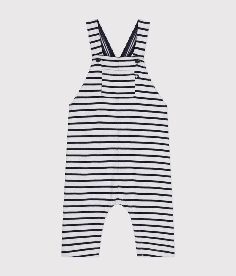 Babies' Thick Stripy Jersey Long Dungarees white/blue