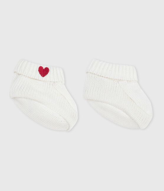Newborn babies' knitted cotton booties MARSHMALLOW white