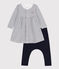 Babies' Cotton Breton Dress with Leggings MARSHMALLOW white/SMOKING blue