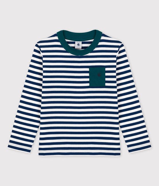Boys' Long-Sleeved Cotton T-Shirt MEDIEVAL blue/MARSHMALLOW white