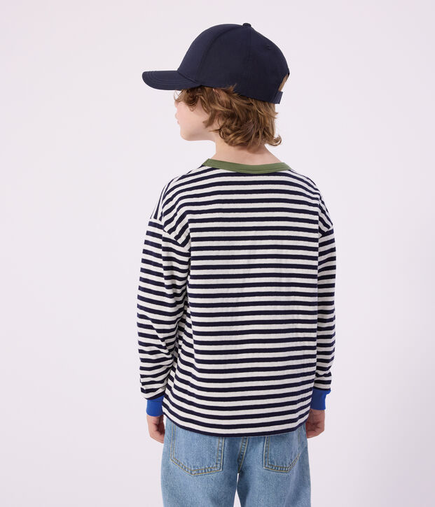Children's long-sleeved stripy cotton T-shirt blue/ecru
