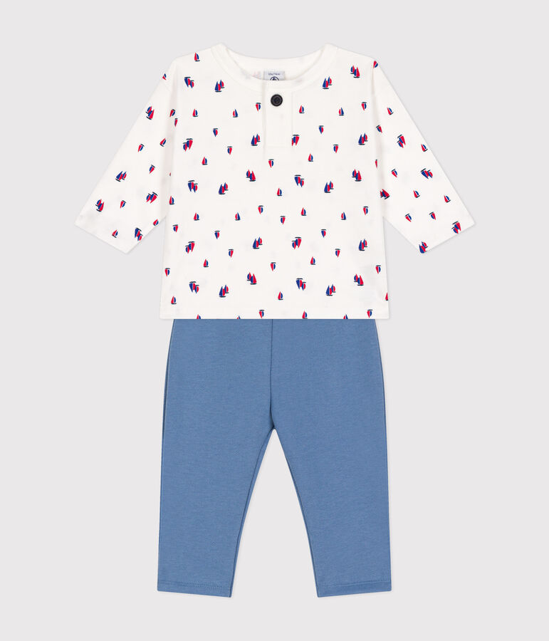 Babies' cotton fleece dungarees and T-shirt multicolor