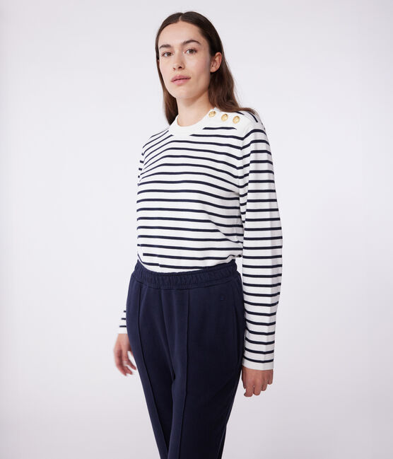 Women's striped cotton sailor-striped jumper MARSHMALLOW white/SMOKING blue