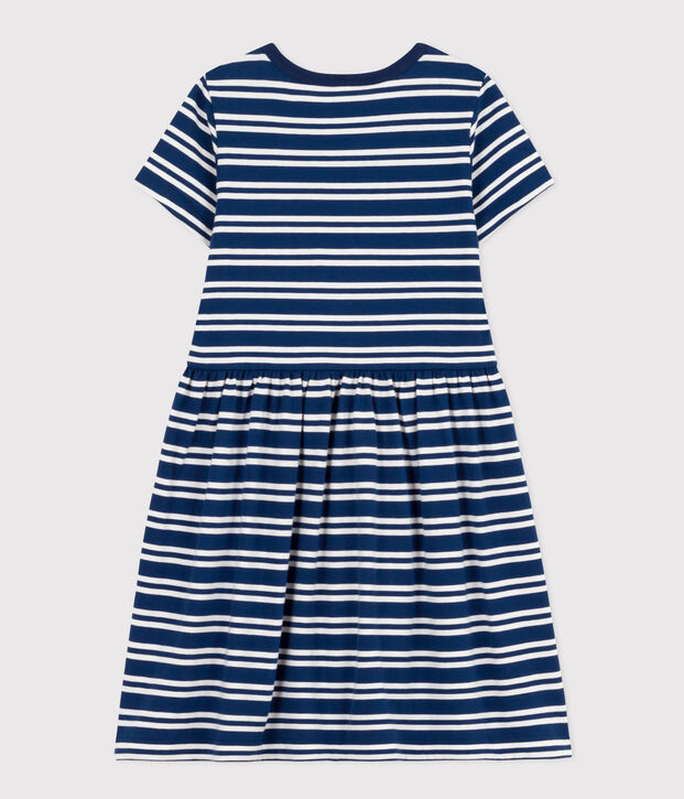 Girls' Stripy Short-Sleeved Cotton Dress blue/white