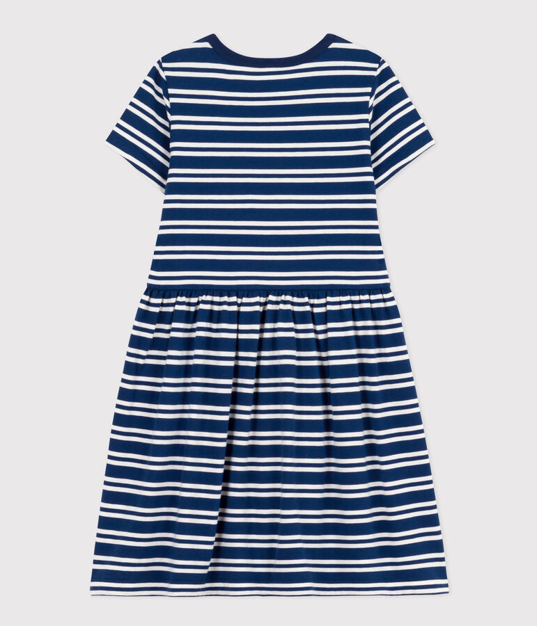 Girls' Stripy Short-Sleeved Cotton Dress MEDIEVAL blue/MARSHMALLOW white