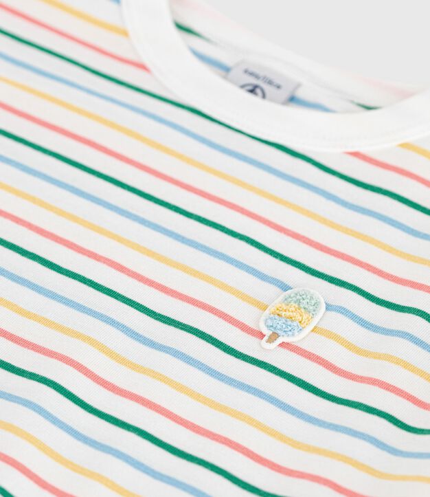 Children's short-sleeved stripy cotton T-shirt white/multicolor