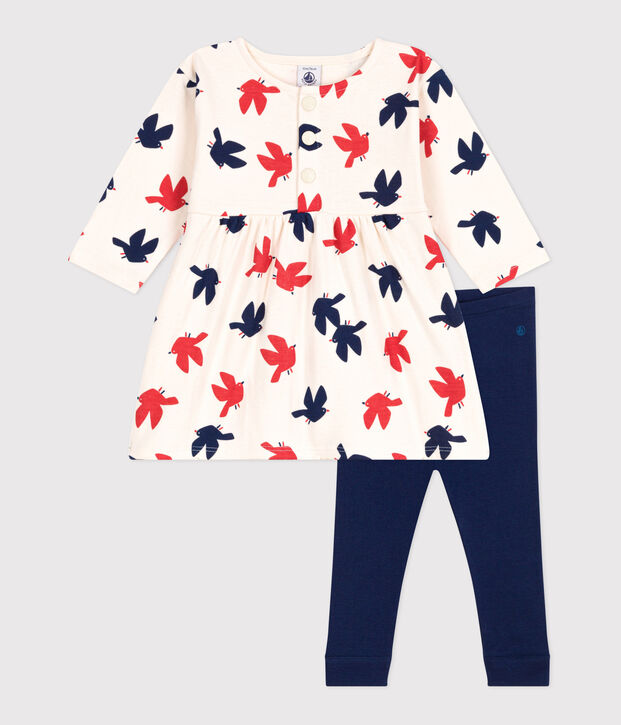 Babies' long-sleeved bird print cotton dress and leggings Ecru/multicolor