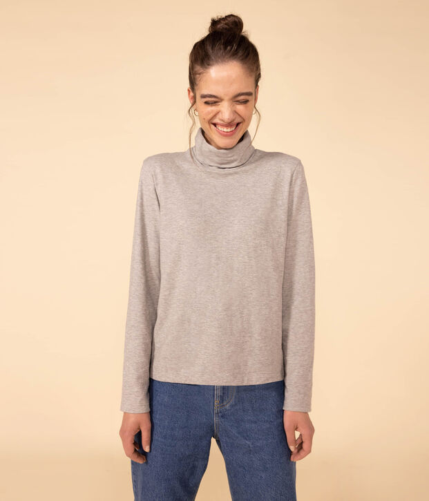 Women's straight fit roll neck cotton T-shirt grey