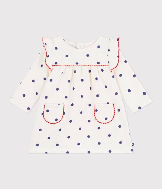 Babies' long sleeved polka dot-print cotton dress MILK blue/SOIR