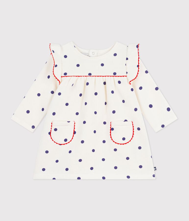 Babies' long sleeved polka dot-print cotton dress Ecru/blue