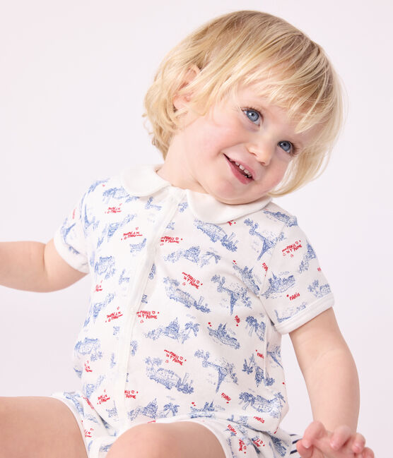 Babies' Paris print cotton playsuit with a collar MARSHMALLOW white/MULTICO white
