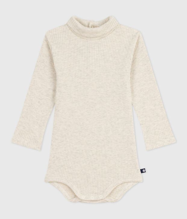 Babies' plain cotton rollneck body beige