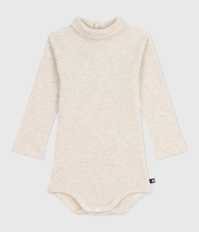 Babies' plain cotton rollneck body beige