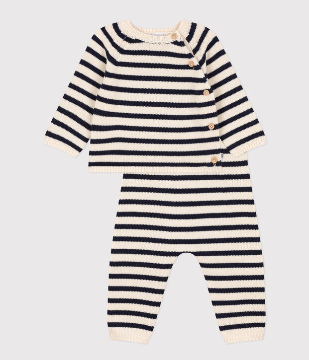 Babies' Wool/Cotton Knit Sailor Striped Clothing - 2-Piece Set Ecru/blue