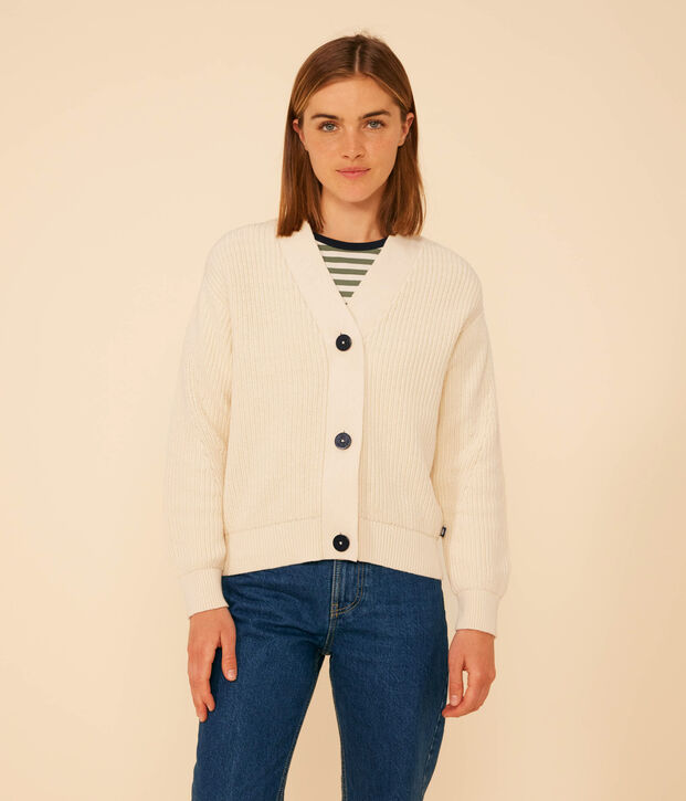 Women's Fisherman's Rib Cotton Cardigan Ecru