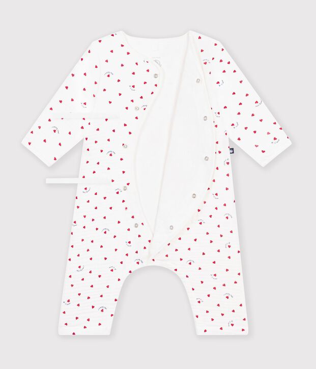 Baby romper in cotton gauze with a small heart print white/multicolor