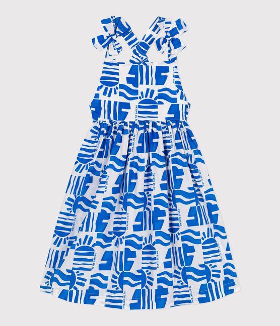 Children's long strappy dress in printed cotton MARSHMALLOW blue/PORCELANA