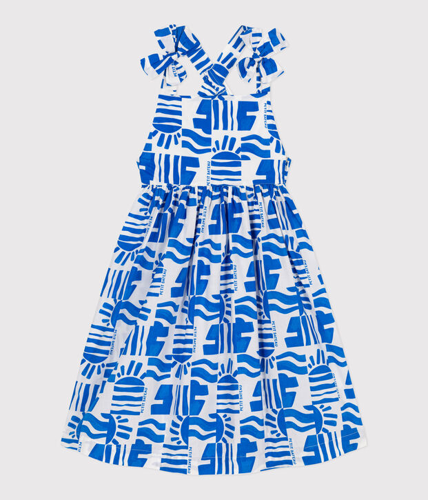 Children's long strappy dress in printed cotton blue/blue