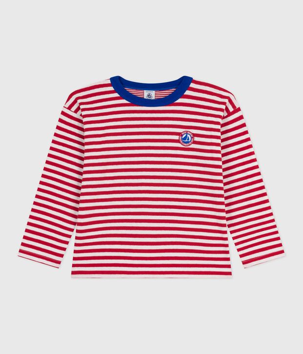 Children's long-sleeved stripy cotton T-shirt red/ecru