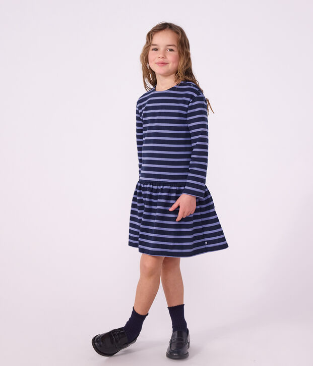 Children's long-sleeved stripy cotton dress blue/real