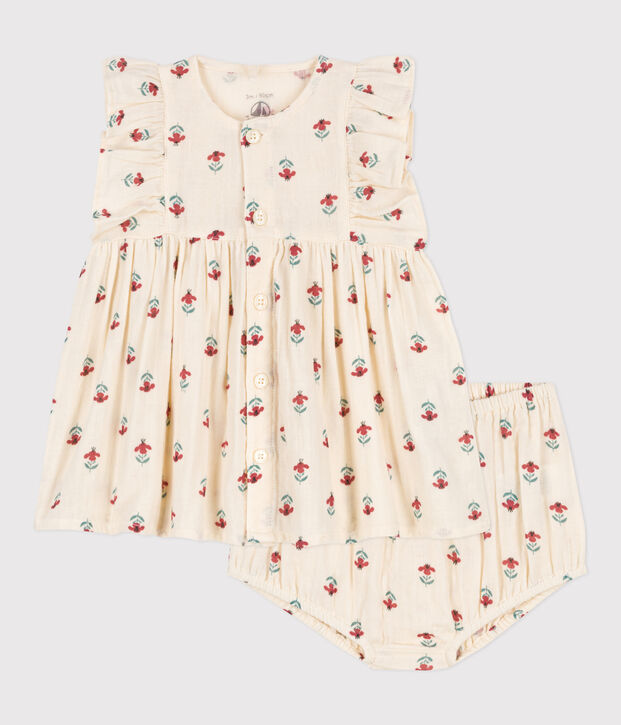 Babies' Patterned Cotton Gauze Dress With Bloomers Ecru/multicolor