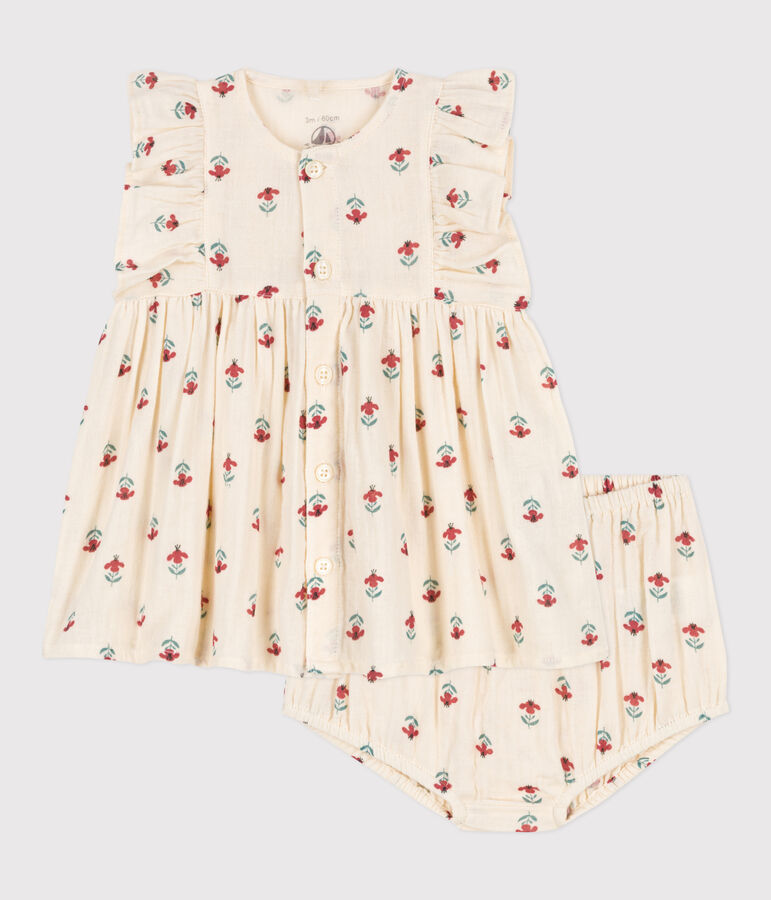 Babies' Patterned Cotton Gauze Dress With Bloomers Ecru/multicolor