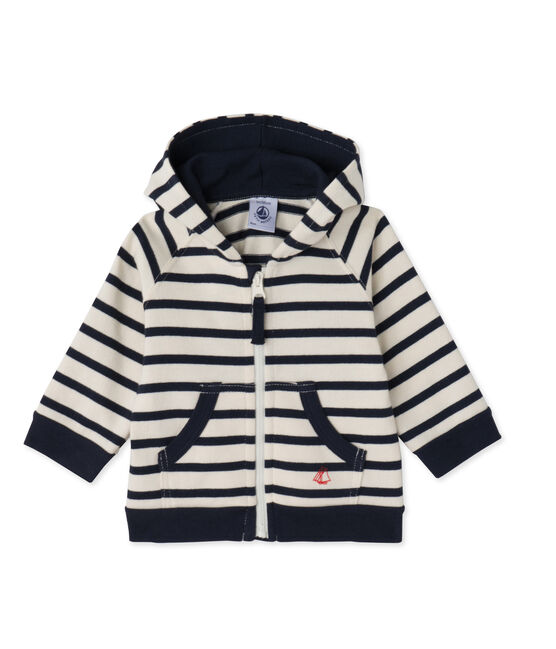 Sweat zippé bébé garçon en jersey lourd rayé COQUILLE beige/SMOKING blue