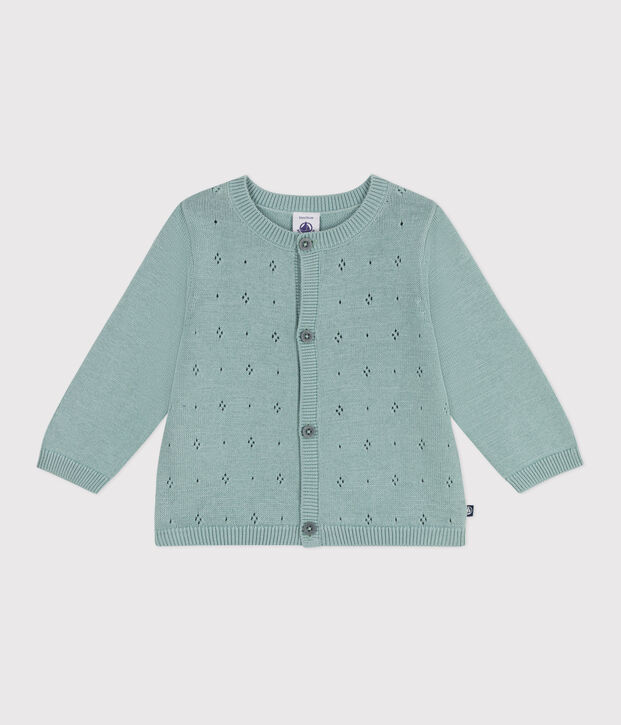 Babies' cotton cardigan in a decorative stitch green