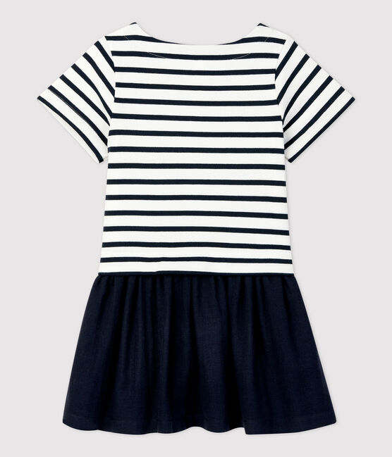 Girls' Organic Cotton Jersey and Gauze Dress MARSHMALLOW white/SMOKING blue