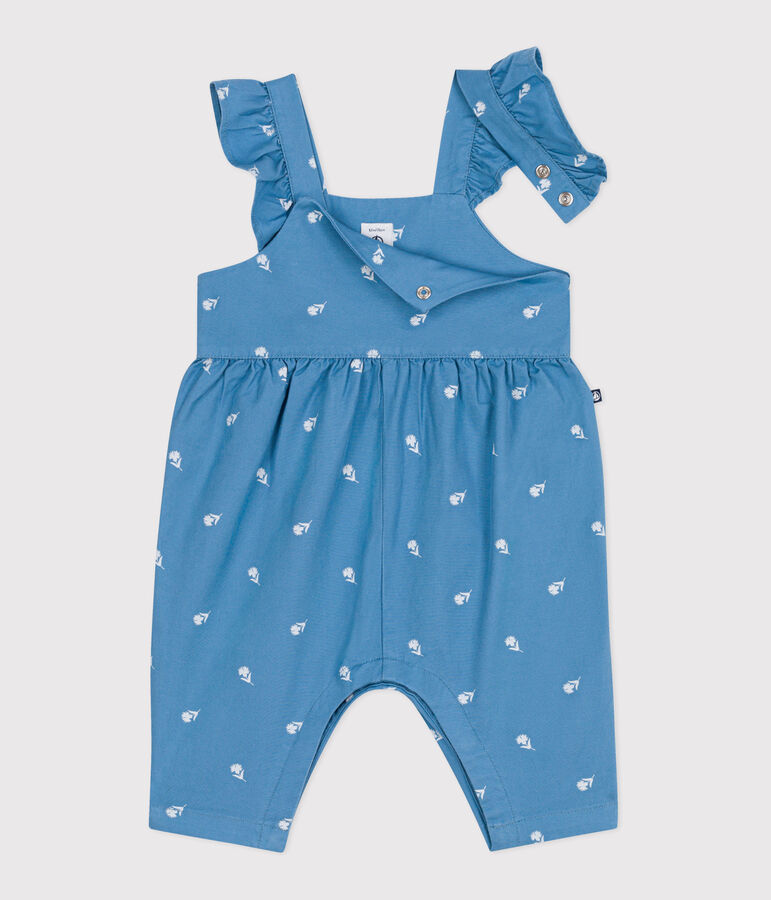 Babies' long cotton dungarees, embroidered with flowers blue/white