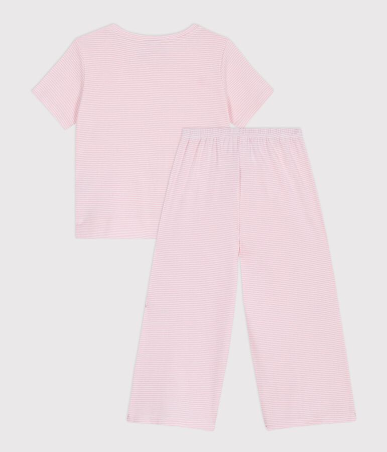 Children's stripy cotton pyjamas with short sleeves and wide legs pink/white