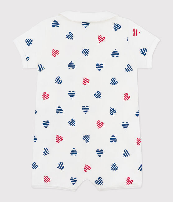 Babies' short stripy cotton jumpsuit with heart collar MARSHMALLOW white/MULTICO white