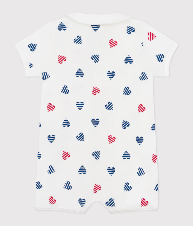 Babies' short stripy cotton jumpsuit with heart collar white/multicolor