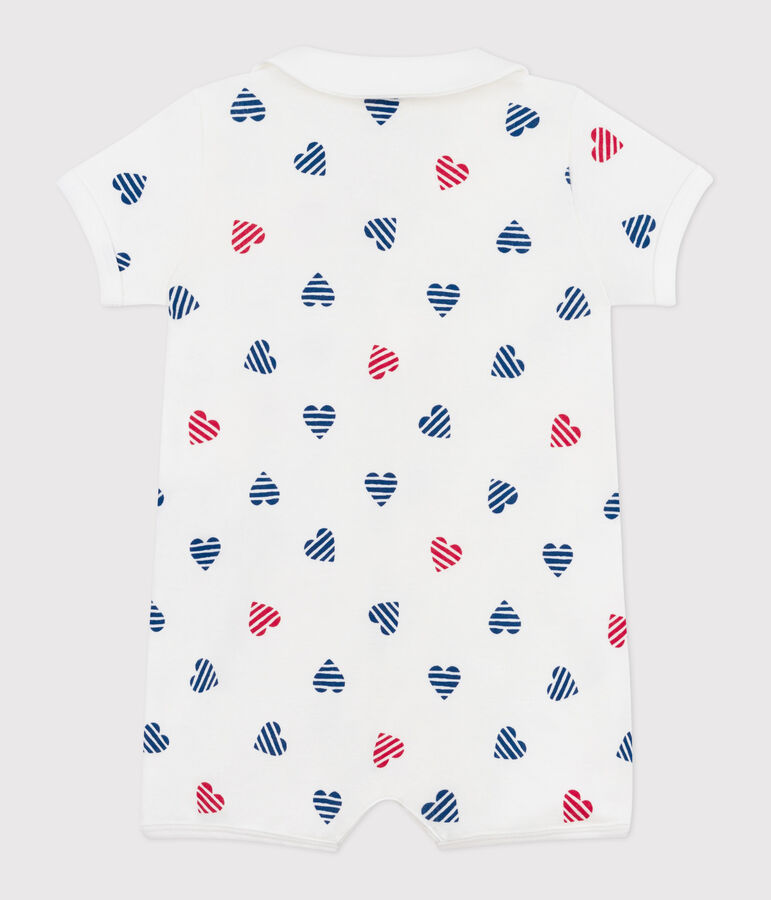 Babies' short stripy cotton jumpsuit with heart collar white/multicolor
