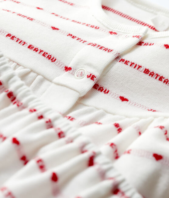 Baby Girls' Short-Sleeved Woven Pattern Organic Cotton Dress with Bloomers MARSHMALLOW white/TERKUIT red