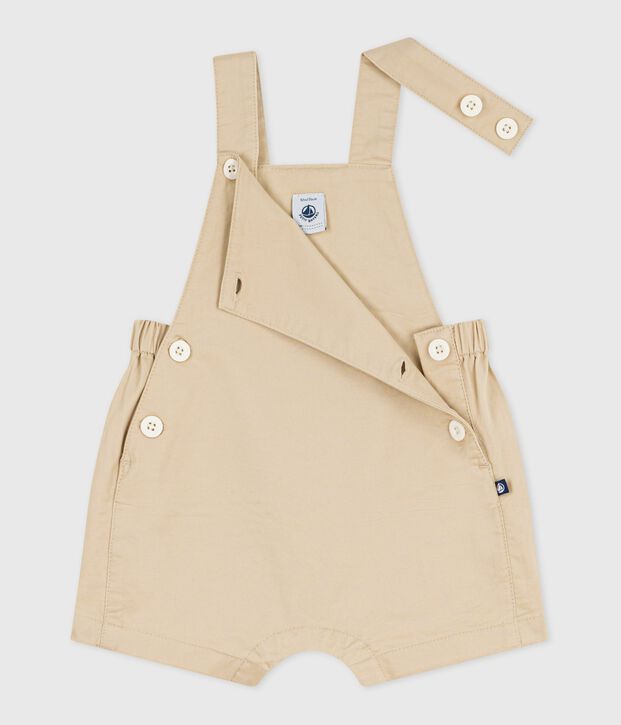 Babies' short-legged plain cotton twill dungarees beige