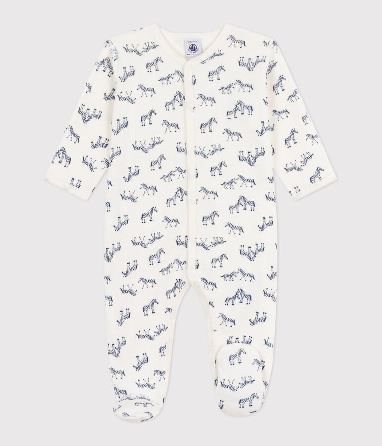 Babies' velour pyjama suit with a zebra print Ecru/blue