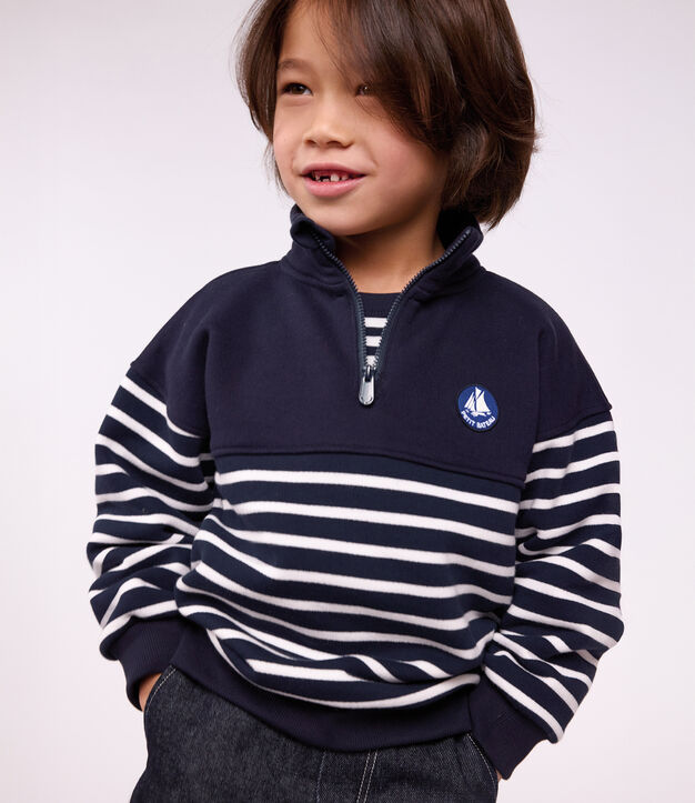 Children's stripy shawl collared cotton sweatshirt blue/white