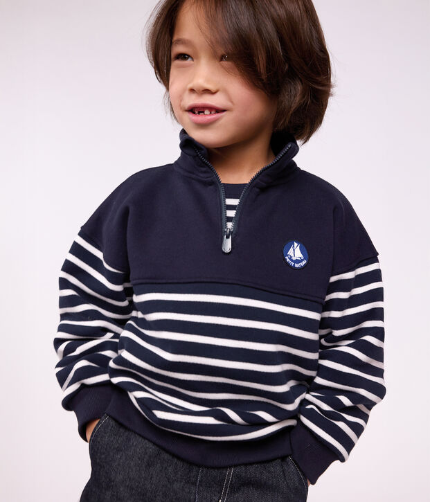 Children's stripy shawl collared cotton sweatshirt blue/white
