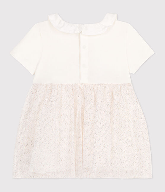 Babies' short-sleeved cotton and tulle dress with a ruff MARSHMALLOW white/COPPER pink
