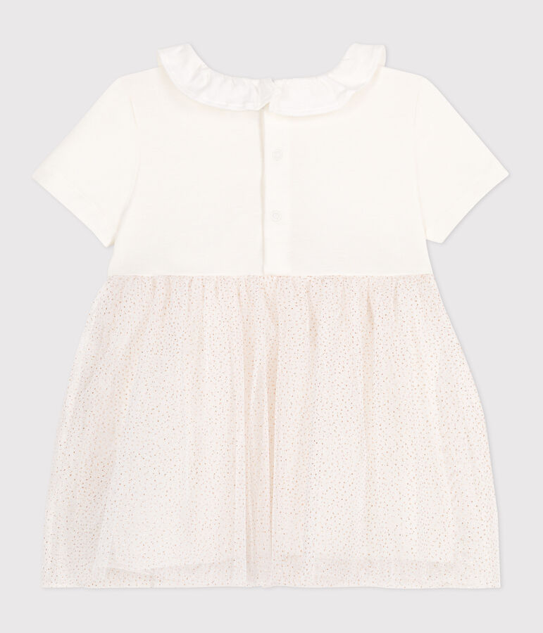 Babies' short-sleeved cotton and tulle dress with a ruff white/pink