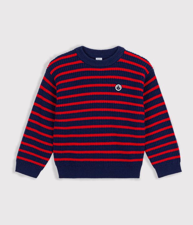 Children's stripy jumper in wool and cotton blue/red