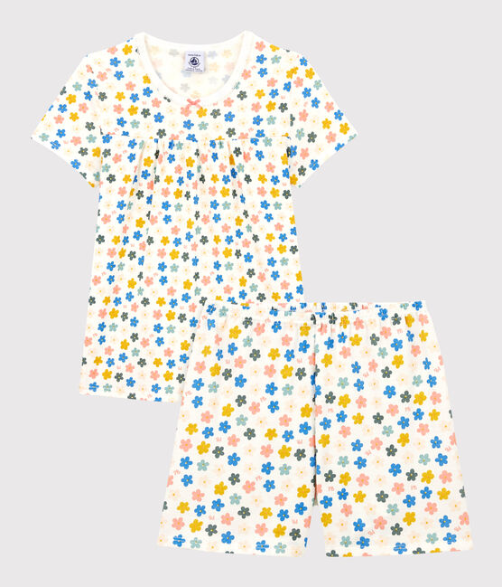 Girls' Glow-In-The-Dark Floral Short Cotton Pyjamas MARSHMALLOW white/MULTICO white