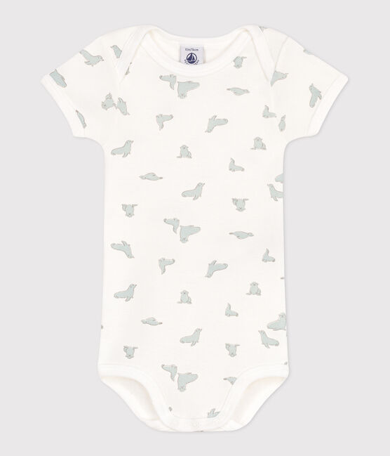 Babies' short-sleeved printed cotton body MARSHMALLOW /PAUL